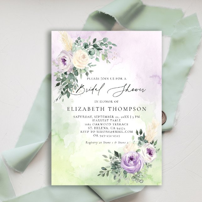 Convites Lavanda Roxo Chá de panela Bico Roxo (purple lavender lilac bridal shower brunch invitation watercolor floral garden romantic rustic barn)