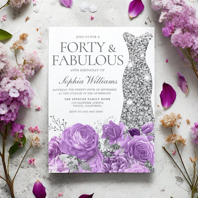 Convites Lavanda Roxo e aniversário de 40 anos de Prata (Criador carregado)