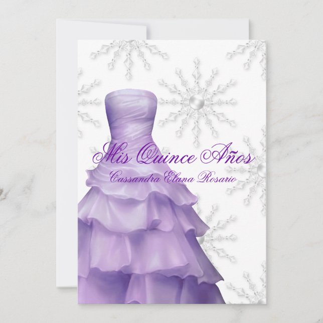 Convites Lavanda Roxo Flocos de Neve Branco Quinceanera (Frente)
