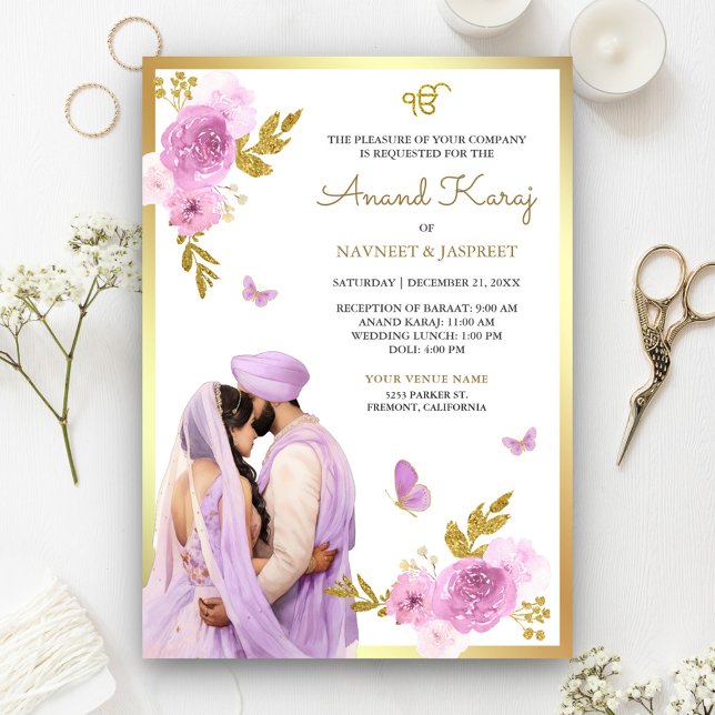 Convites Lavanda Roxo Floral Anand Karaj Casamento Sikh (Criador carregado)