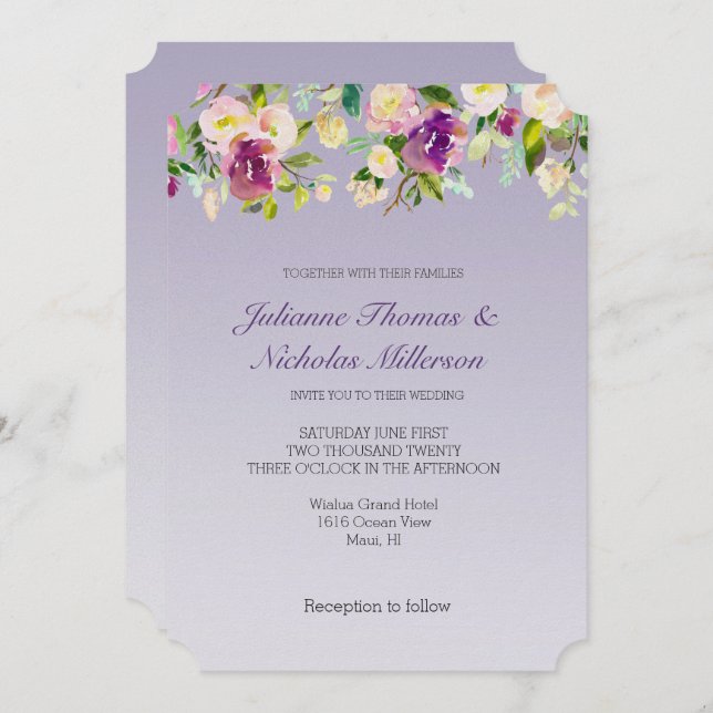 Convites Lavanda Roxo Ombre Borgonha Rubor Floral (Frente/Verso)