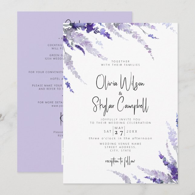 Convites Lavanda Roxo Roxo Código QR Tudo Em Um Casamento (Frente/Verso)