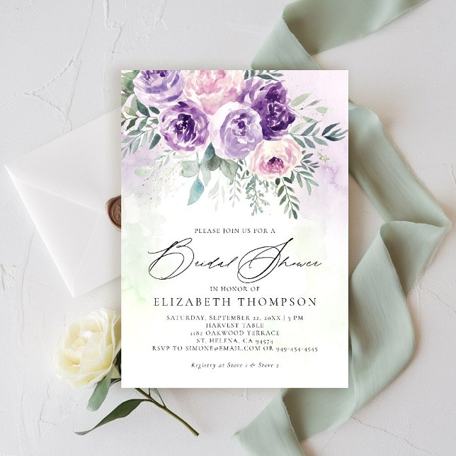 Convites Lavanda Roxo Rústica Chá de panela Floral Lilac (purple lavender lilac bridal shower brunch invitation watercolor floral garden romantic rustic chic)