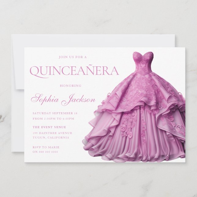 Convites Lavanda Roxo-Vestido Encantado Quinceanera (Frente)