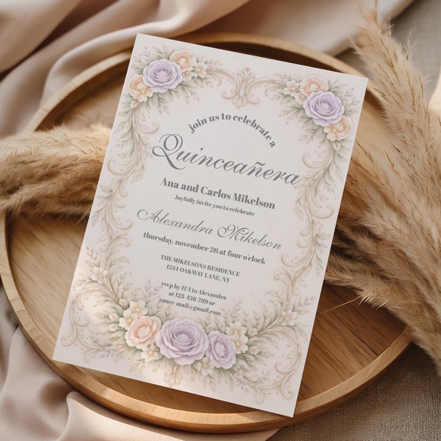Convites Lavanda Rubor Barroco Quinceañera (Criador carregado)