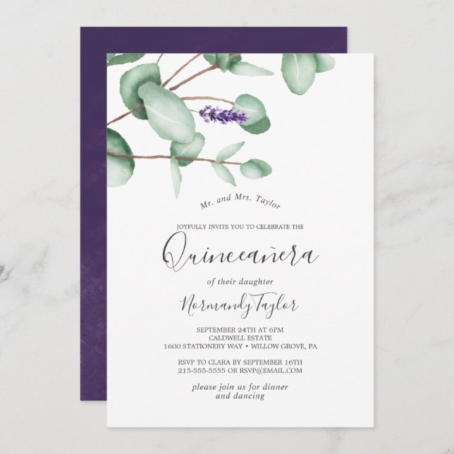 Convites Lavanda russa e Eucalyptus Quinceañera (Frente/Verso)