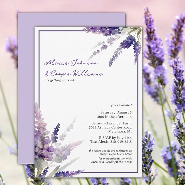 Convites Lavanda Rustic Boho Flores Casamento Roxo (Lavender blooms set the scene for this rustic country style wedding invitation.  Modern calligraphy.)