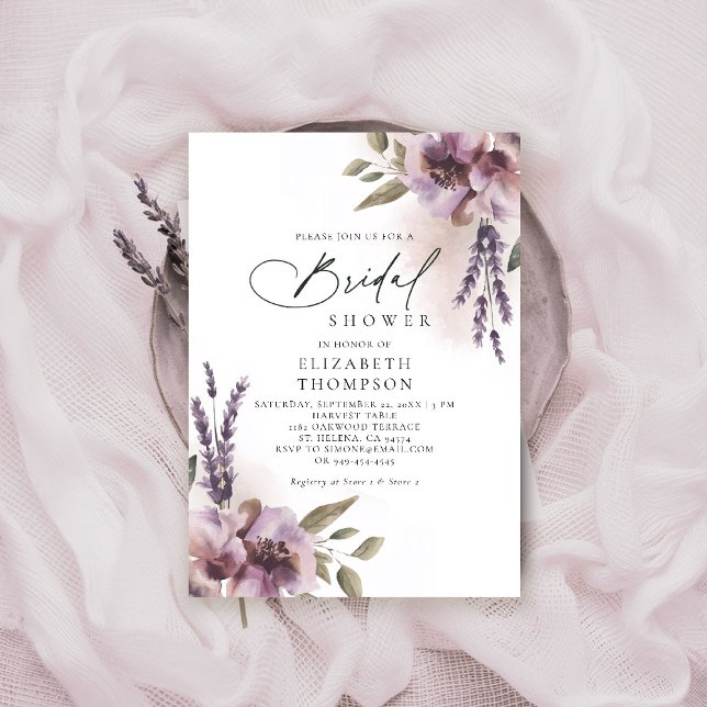 Convites Lavanda Rústica Chá de panela Quic Floral Roxo (rustic lavender bridal shower invitation watercolor elegant floral mauve purple barn ranch garden)