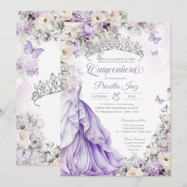 Convites Lavanda Silver Butterfly Princess Quinceañera (Frente/Verso)