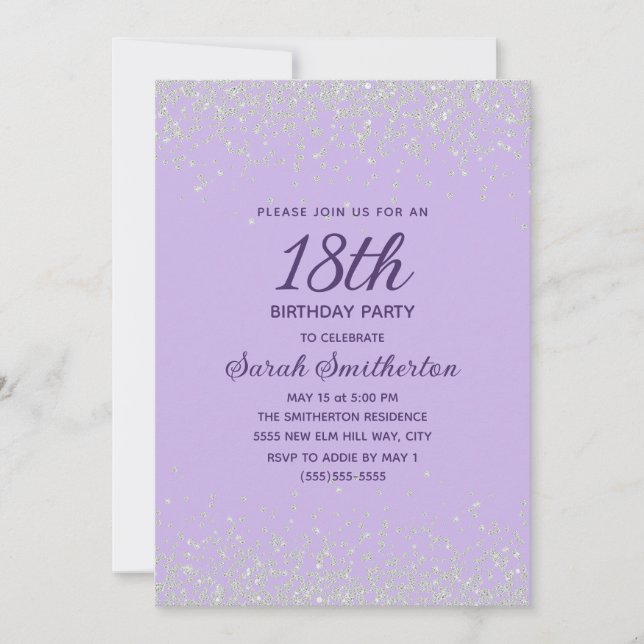 Convites Lavanda Silver Diamond Glitter 18º Aniversário (Frente)