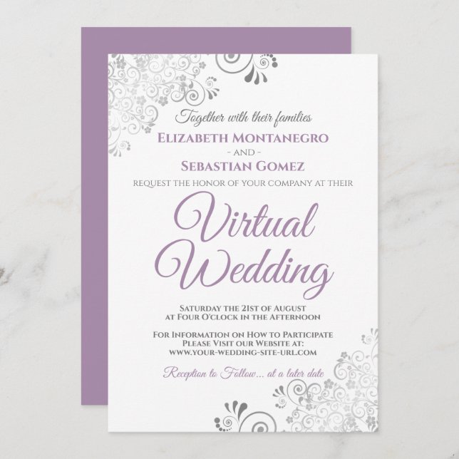 Convites Lavanda Silver Frils e Casamento Virtual Branco (Frente/Verso)