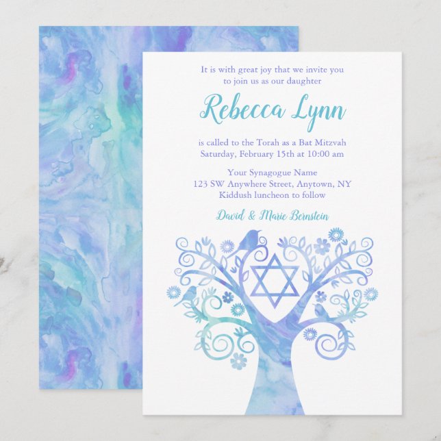 Convites Lavanda Teal Watercolor Tree of Life Bat Mitzvah (Frente/Verso)