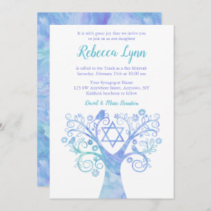 Convites Lavanda Teal Watercolor Tree of Life Bat Mitzvah