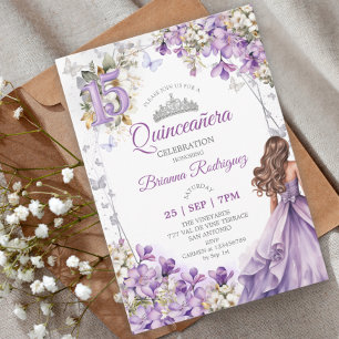 Convites Lavanda Tiara Floral de Prata Quinceañera