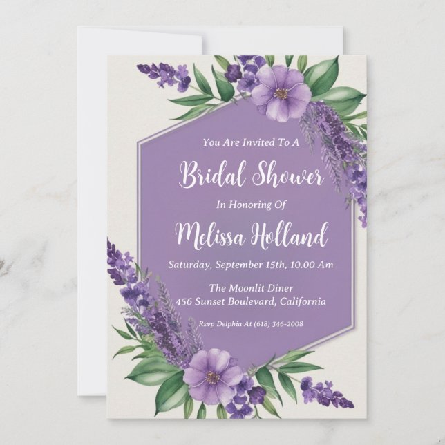 Convites lavanda verde chá de panela floral roxo (Frente)