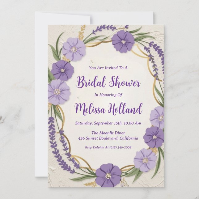 Convites lavanda verde chá de panela floral roxo (Frente)
