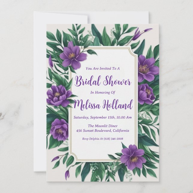 Convites lavanda verde chá de panela floral roxo (Frente)