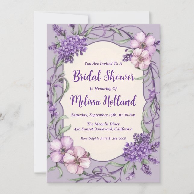 Convites lavanda verde chá de panela floral roxo (Frente)