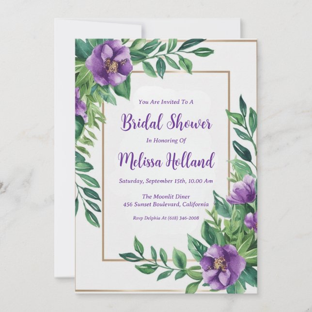 Convites lavanda verde chá de panela floral roxo (Frente)