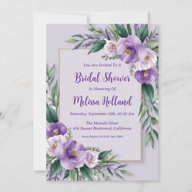 Convites lavanda verde chá de panela floral roxo (Frente)