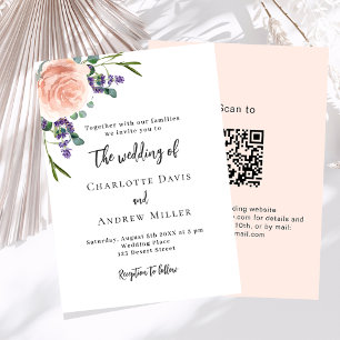 Convites lavanda verde floral rosa código QR casamento RSVP