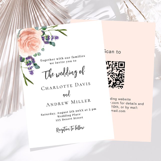 Convites lavanda verde floral rosa código QR casamento RSVP (Criador carregado)