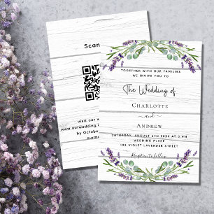 Convites Lavanda verde madeira branca Código QR casamento