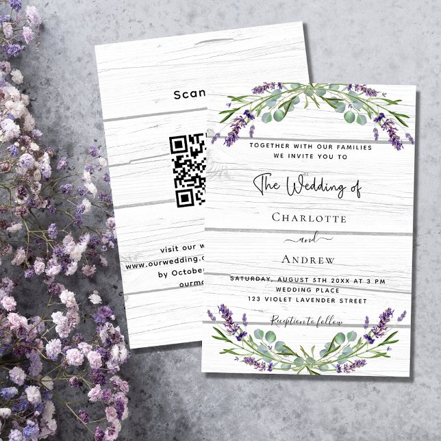 Convites Lavanda verde madeira branca Código QR casamento (Criador carregado)
