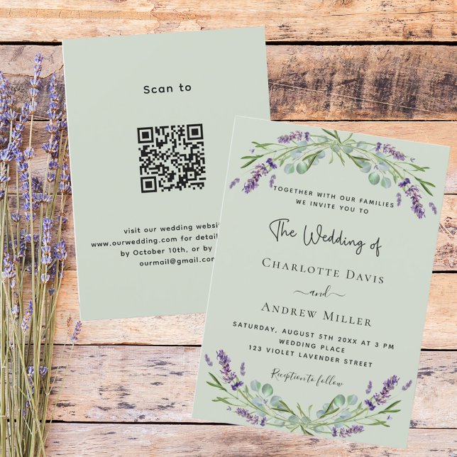 Convites Lavanda verde Sage QR code RSVP luxury casamento (Criador carregado)