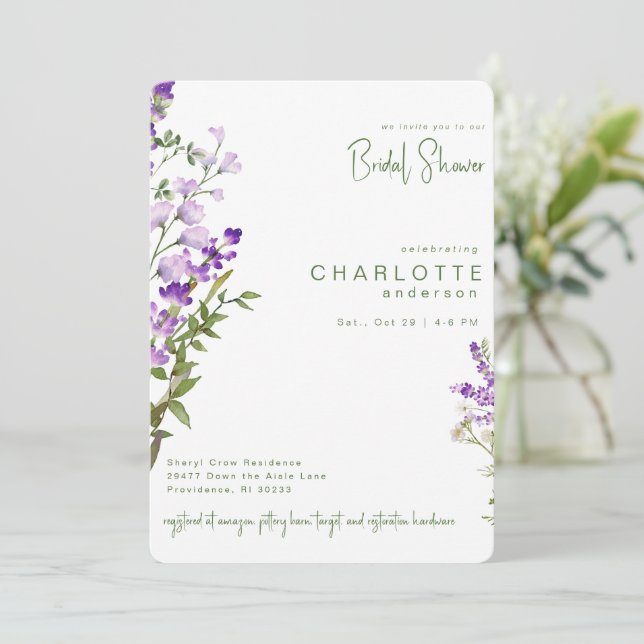 Convites Lavanda Verde Simples Chá de panela Arredondada (Em pé/Frente)