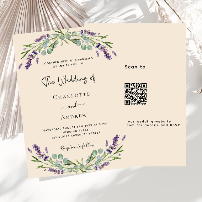 Convites Lavanda violeta bege QR código RSVP casamento de l (Criador carregado)