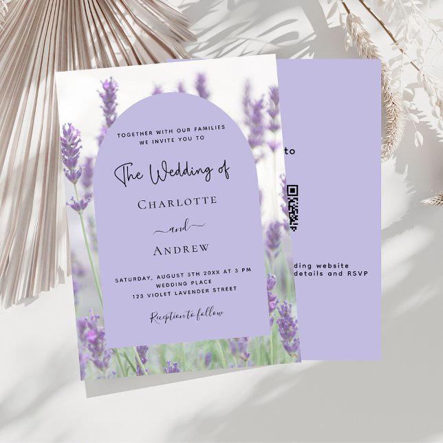 Convites Lavanda violeta floral arco QR código RSVP casamen (Criador carregado)