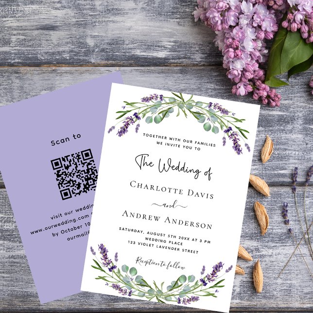 Convites Lavanda violeta floral código QR RSVP casamento de (Criador carregado)