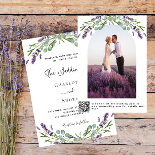 Convites Lavanda violeta floral foto de arco QR RSVP casame