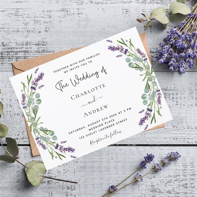 Convites Lavanda violeta floral verde casamento (Criador carregado)