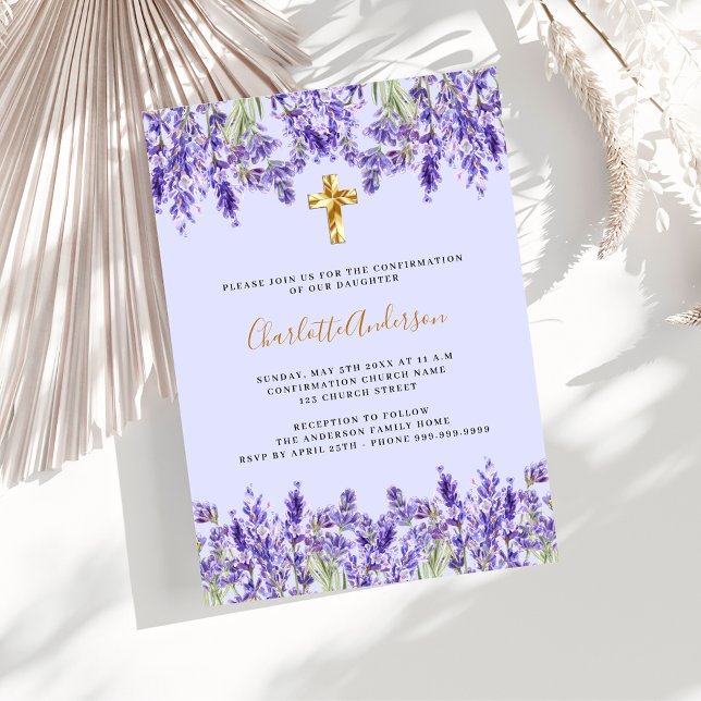 Convites Lavanda violeta flores douradas Confirmação (Criador carregado)