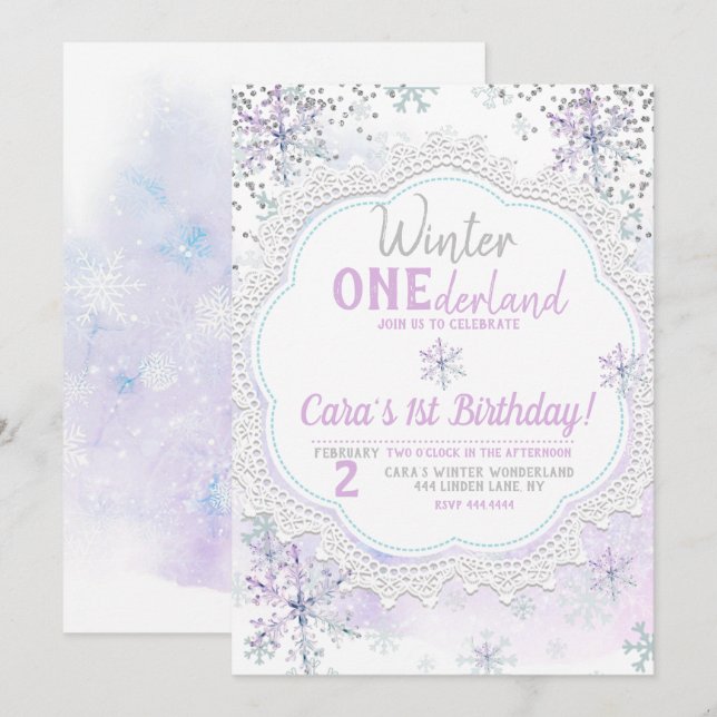Convites Lavanda Winter Onederland primeiro aniversario (Frente/Verso)