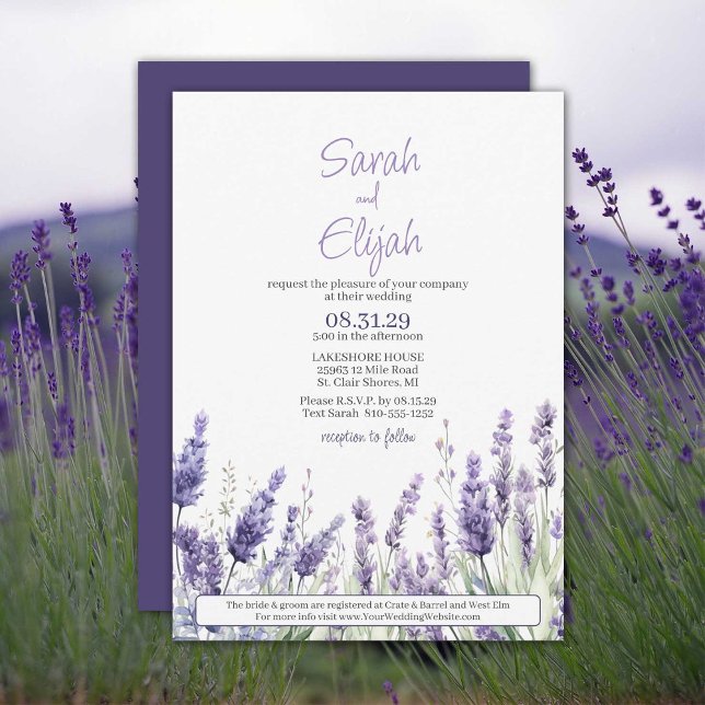 Convites Lavandas Botânicas Casamento Casual (Lavender blooms across the bottom of this pretty floral all-in-one wedding invitation.)