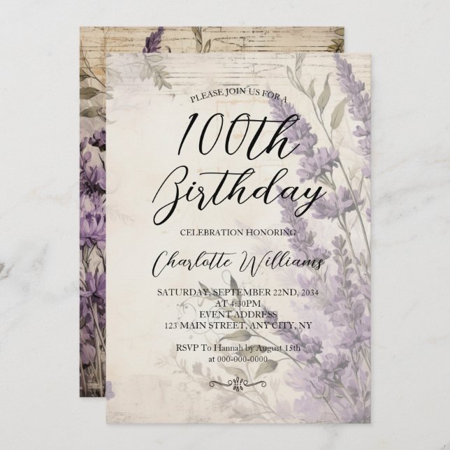 Convites Lavandas Flores Mulheres 100º Aniversário (Frente/Verso)