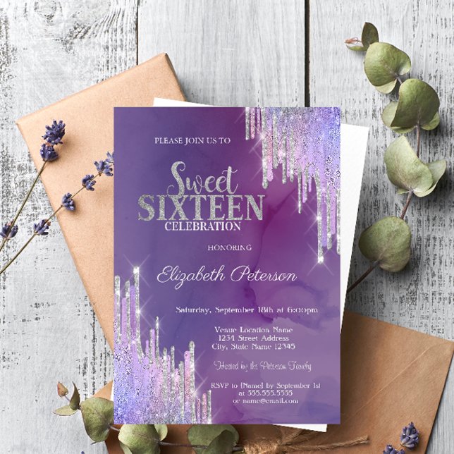 Convites Lavander Moderno Glitter Drips Violet Sweet 16 (Criador carregado)