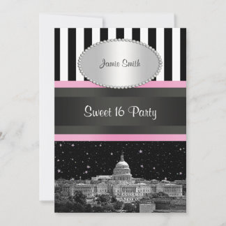 Convites Lavar DC Skyline Bk Wht Strp Pink Sweet 16 Festa