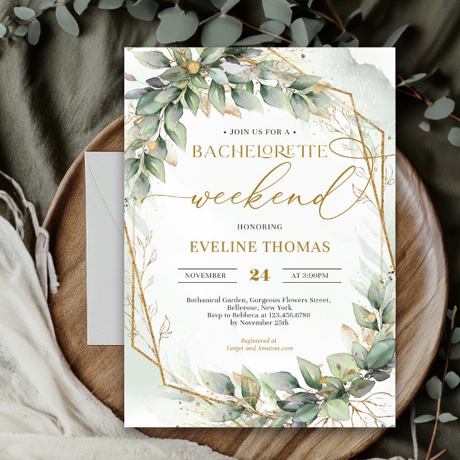Convites Lavar eucalipto verde Bachelorette Weekend (Modern botanical greenery leaf gold frame bachelorette weekend invitation)