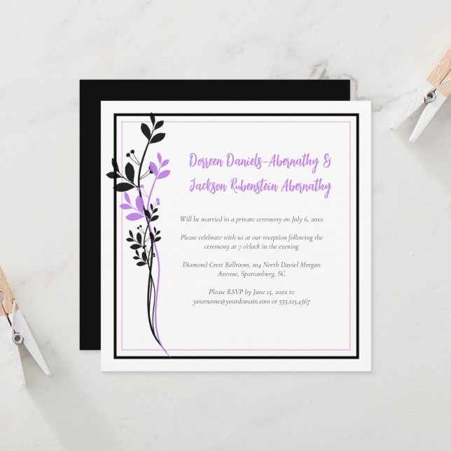 Convites Lavender and Black Floral Reception Only | (Frente/Verso In Situ)