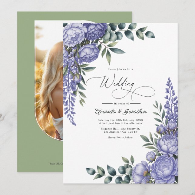 Convites Lavender and Sage Watercolor Floral Wedding Photo (Frente/Verso)