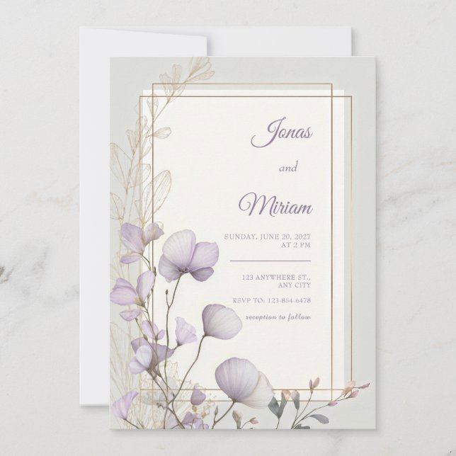 Convites Lavender Botanical Double Gold Frame Wedding (Frente)