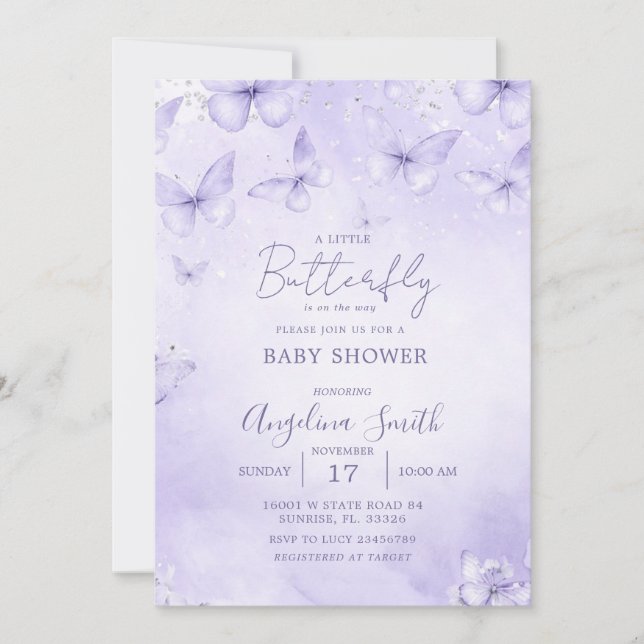 Convites Lavender Butterfly Baby Shower Invitation Girl (Frente)