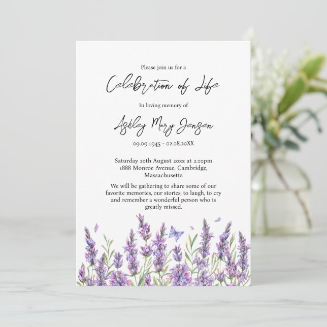 Convites Lavender Celebration of Life Funeral Invitation (Em pé/Frente)