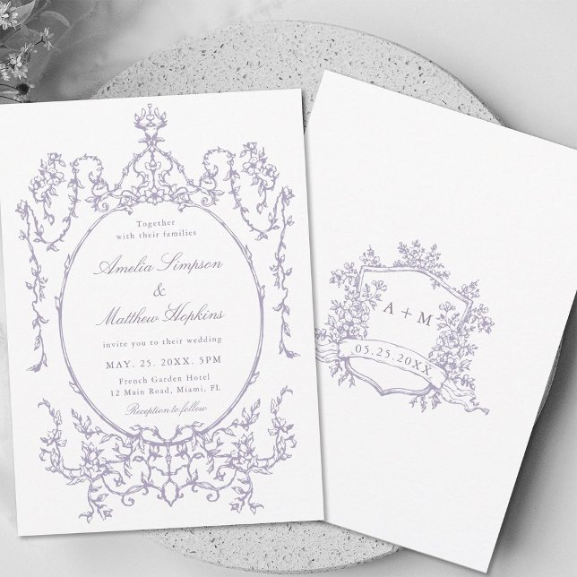 Convites Lavender Classic Floral Frame Wedding            (Front & Back)