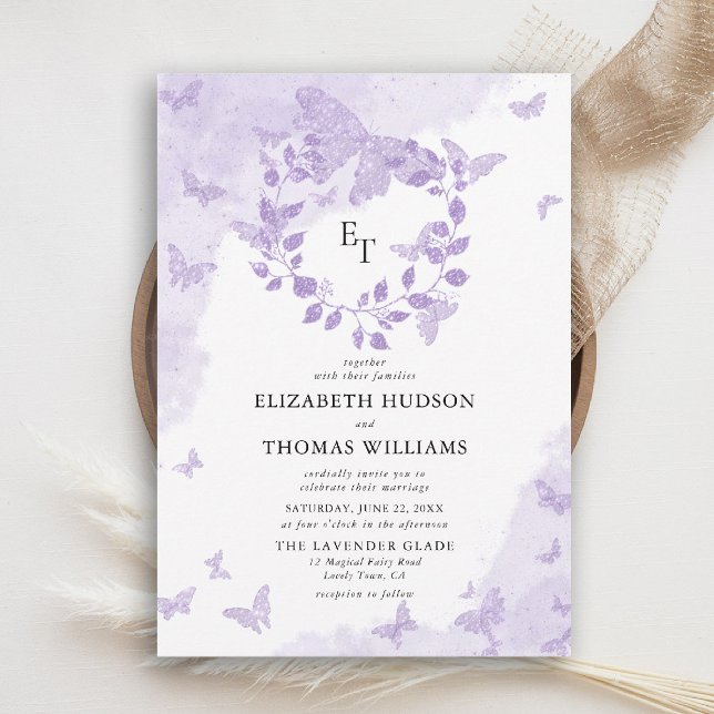 Convites Lavender Dream Butterfly Eucalyptus Crest Wedding (butterfly wedding invitation lavender purple eucalyptus crest elegant modern romantic)