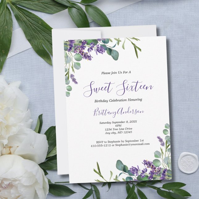 Convites Lavender Eucalipto Doce Dezesseis 16 Aniversário (Lavender and Eucalyptus Sweet Sixteen 16th birthday party invitation. Digital or Printed. )